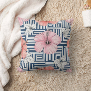 Elegant Blue Hibiscus Floral Pattern (12) Throw Pillow