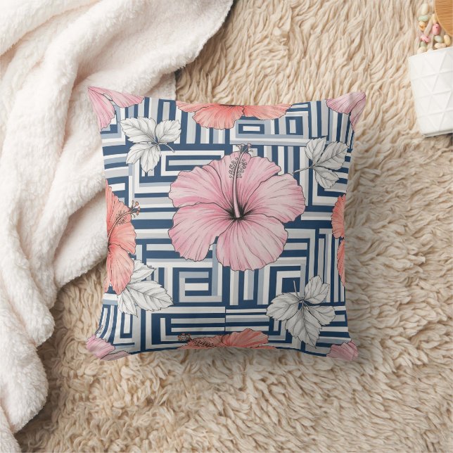 Elegant Blue Hibiscus Floral Pattern (12) Throw Pillow (Blanket)