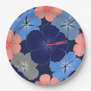 Elegant Blue Hibiscus Floral Pattern (13) Paper Plates