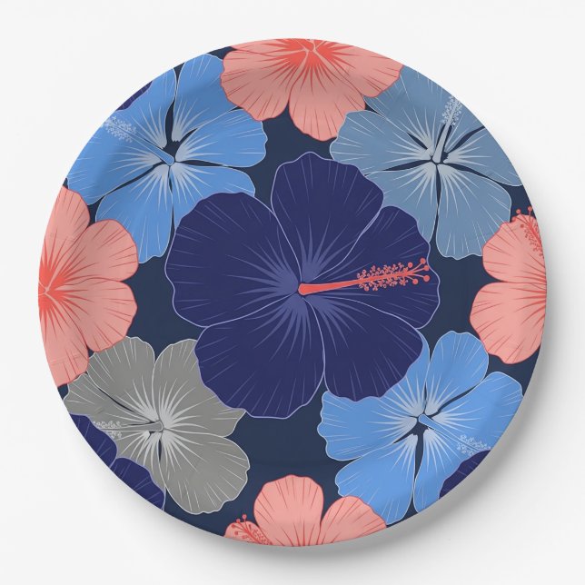 Elegant Blue Hibiscus Floral Pattern (13) Paper Plates (Front)