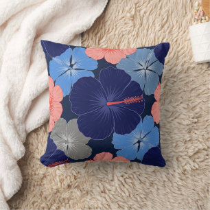 Elegant Blue Hibiscus Floral Pattern (13) Throw Pillow
