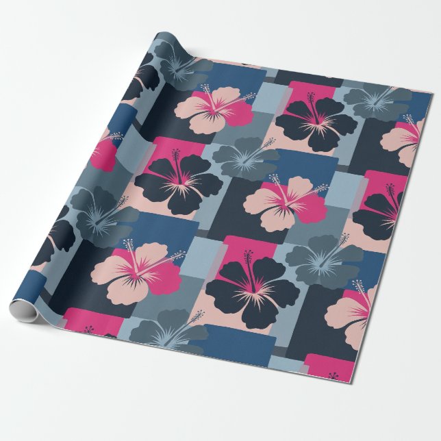Elegant Blue Hibiscus Floral Pattern (13) Wrapping Paper (Unrolled)