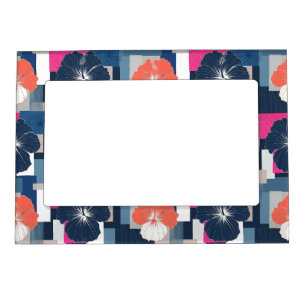 Elegant Blue Hibiscus Floral Pattern (1) Magnetic Frame