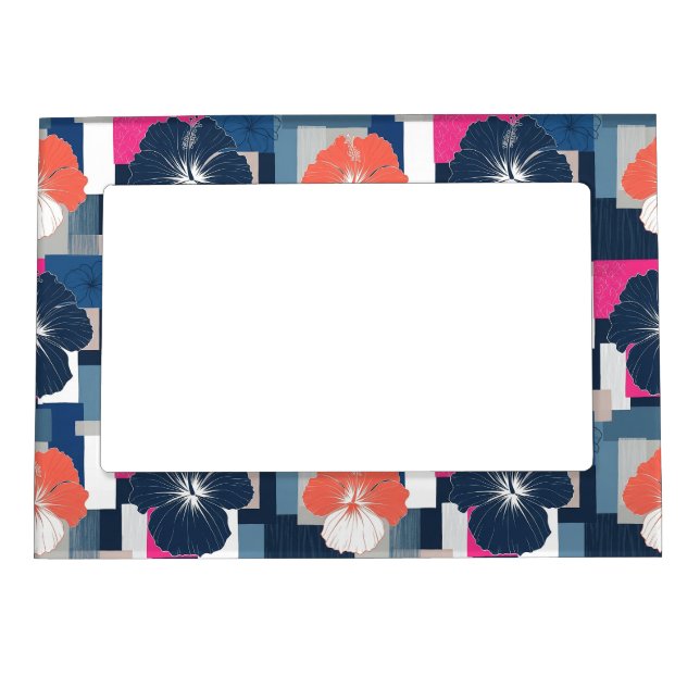 Elegant Blue Hibiscus Floral Pattern (1) Magnetic Frame (Front)