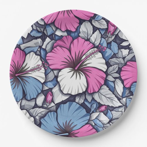 Elegant Blue Hibiscus Floral Pattern (1) Paper Plates