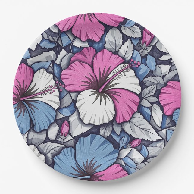 Elegant Blue Hibiscus Floral Pattern (1) Paper Plates (Front)