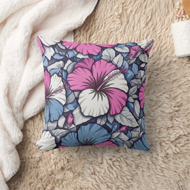 Elegant Blue Hibiscus Floral Pattern (1) Throw Pillow (Blanket)