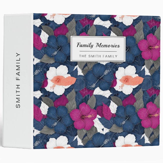 Elegant Blue Hibiscus Floral Pattern (2) 3 Ring Binder (Front/Spine)