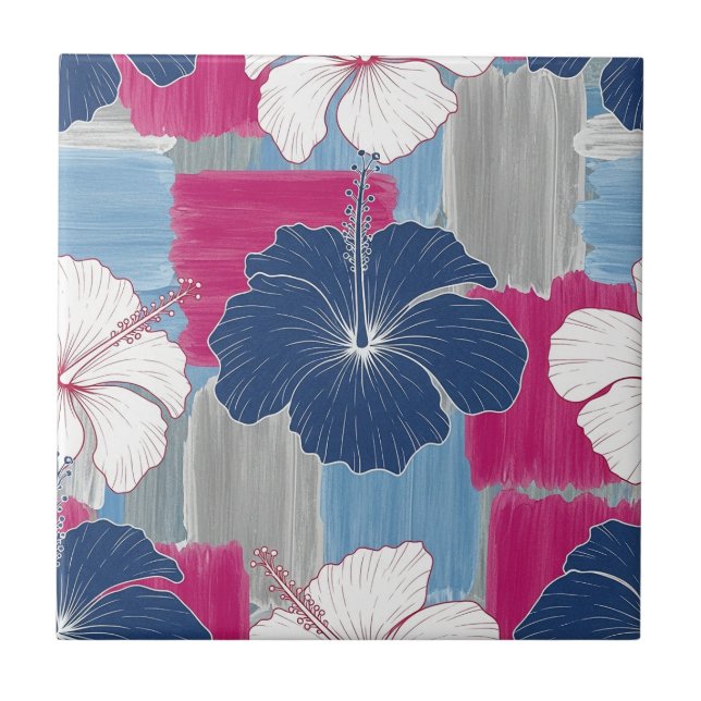 Elegant Blue Hibiscus Floral Pattern (2) Ceramic Tile (Front)