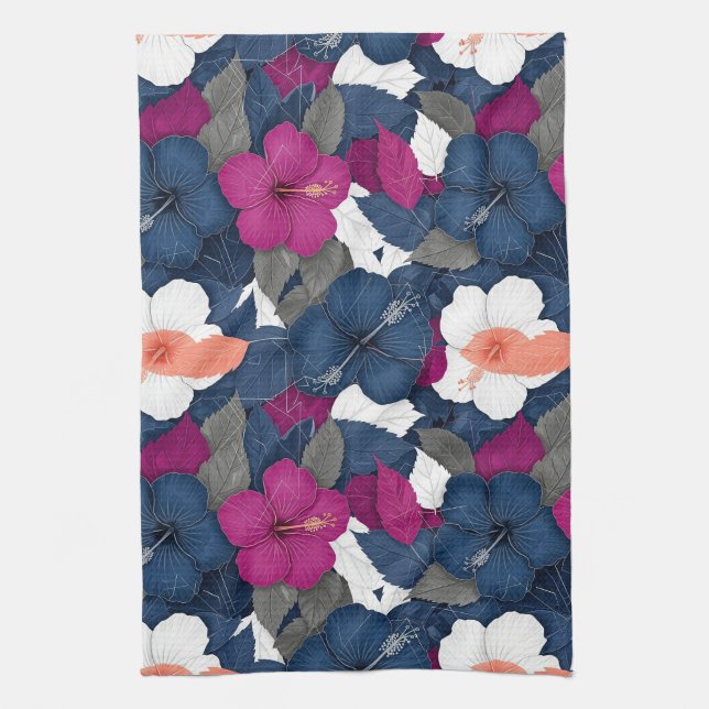 Elegant Blue Hibiscus Floral Pattern (2) Kitchen Towel (Vertical)