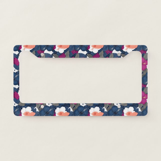 Elegant Blue Hibiscus Floral Pattern (2) License Plate Frame (Front)