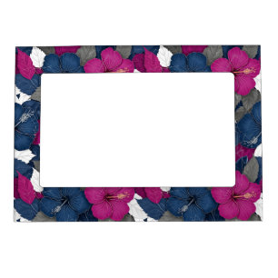 Elegant Blue Hibiscus Floral Pattern (2) Magnetic Frame