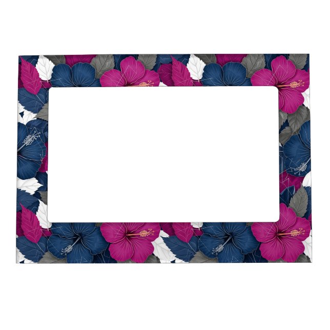 Elegant Blue Hibiscus Floral Pattern (2) Magnetic Frame (Front)