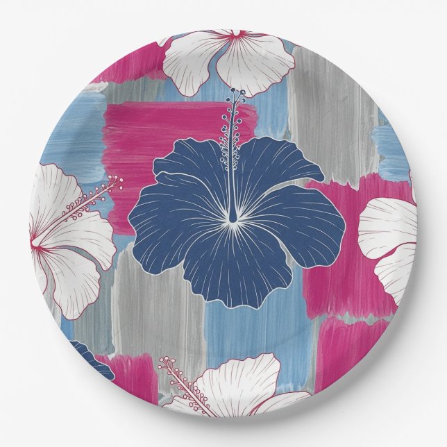 Elegant Blue Hibiscus Floral Pattern (2) Paper Plates (Front)