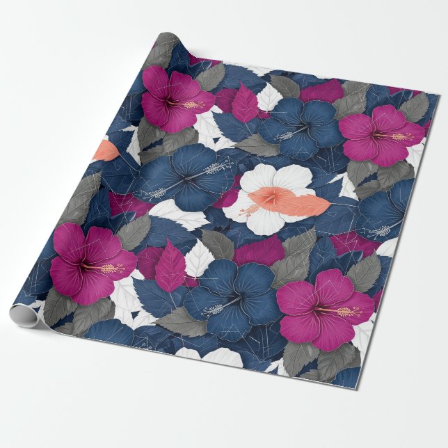 Elegant Blue Hibiscus Floral Pattern (2) Wrapping Paper (Unrolled)