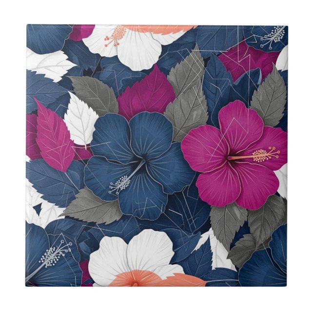 Elegant Blue Hibiscus Floral Pattern (3) Ceramic Tile (Front)