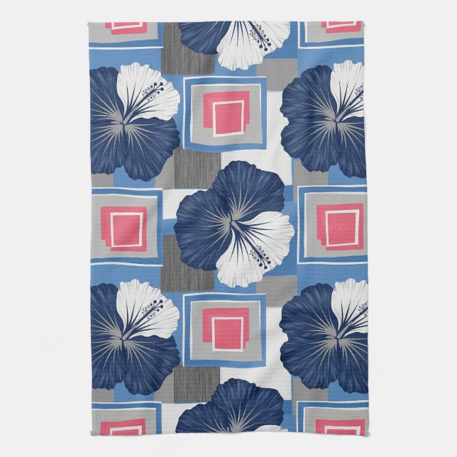 Elegant Blue Hibiscus Floral Pattern (3) Kitchen Towel (Vertical)