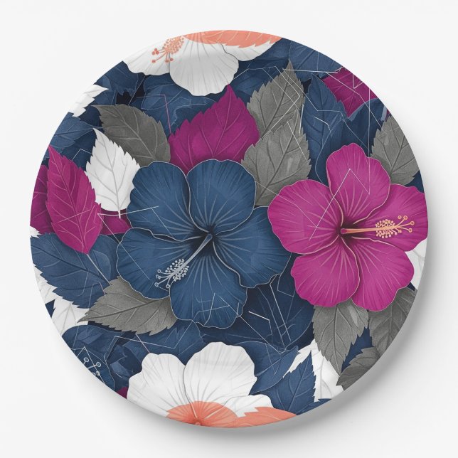 Elegant Blue Hibiscus Floral Pattern (3) Paper Plates (Front)