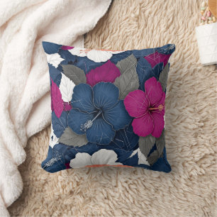 Elegant Blue Hibiscus Floral Pattern (3) Throw Pillow