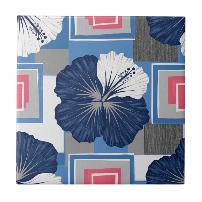 Elegant Blue Hibiscus Floral Pattern (4) Ceramic Tile (Front)