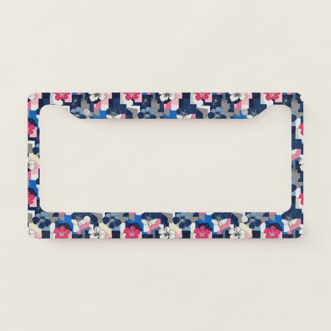 Elegant Blue Hibiscus Floral Pattern (4) License Plate Frame (Front)