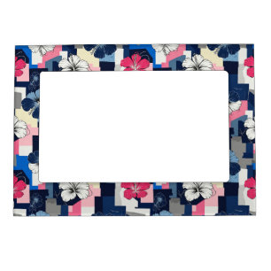 Elegant Blue Hibiscus Floral Pattern (4) Magnetic Frame