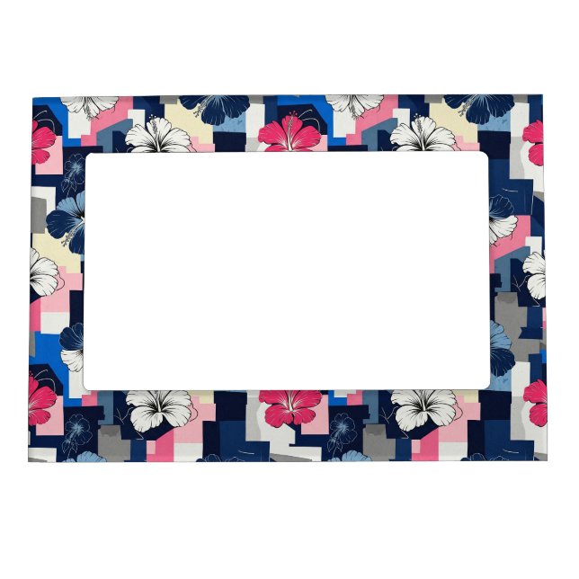 Elegant Blue Hibiscus Floral Pattern (4) Magnetic Frame (Front)