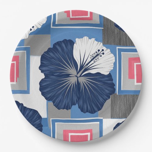 Elegant Blue Hibiscus Floral Pattern (4) Paper Plates