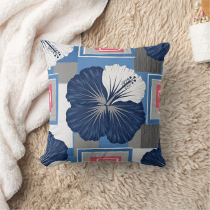 Elegant Blue Hibiscus Floral Pattern (4) Throw Pillow