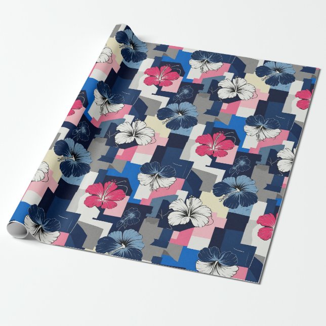 Elegant Blue Hibiscus Floral Pattern (4) Wrapping Paper (Unrolled)