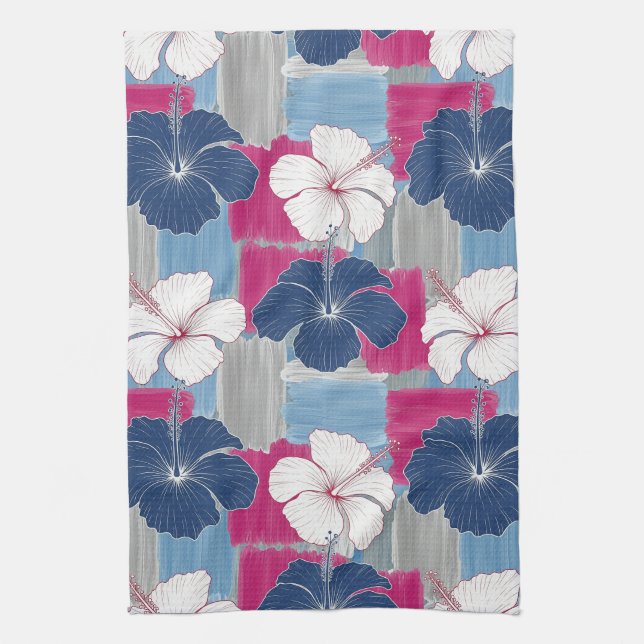 Elegant Blue Hibiscus Floral Pattern (5) Kitchen Towel (Vertical)