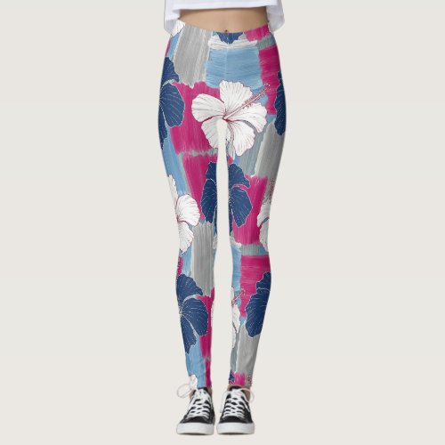 Elegant Blue Hibiscus Floral Pattern (5) Leggings