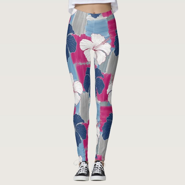Elegant Blue Hibiscus Floral Pattern (5) Leggings (Front)