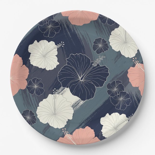 Elegant Blue Hibiscus Floral Pattern (5) Paper Plates (Front)