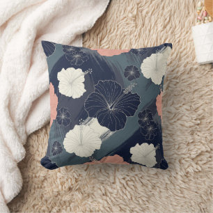 Elegant Blue Hibiscus Floral Pattern (5) Throw Pillow