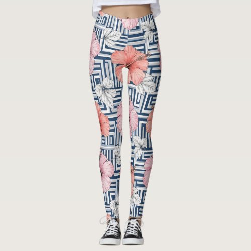 Elegant Blue Hibiscus Floral Pattern (6) Leggings