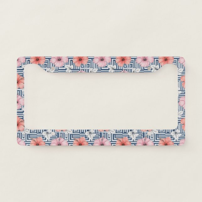 Elegant Blue Hibiscus Floral Pattern (6) License Plate Frame (Front)