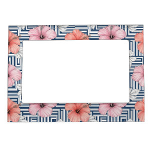 Elegant Blue Hibiscus Floral Pattern (6) Magnetic Frame