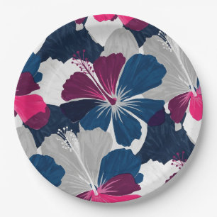 Elegant Blue Hibiscus Floral Pattern (6) Paper Plates
