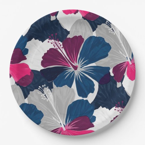 Elegant Blue Hibiscus Floral Pattern (6) Paper Plates