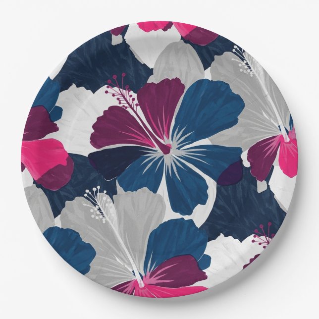 Elegant Blue Hibiscus Floral Pattern (6) Paper Plates (Front)