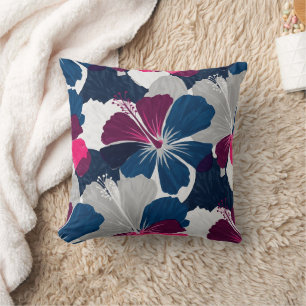 Elegant Blue Hibiscus Floral Pattern (6) Throw Pillow
