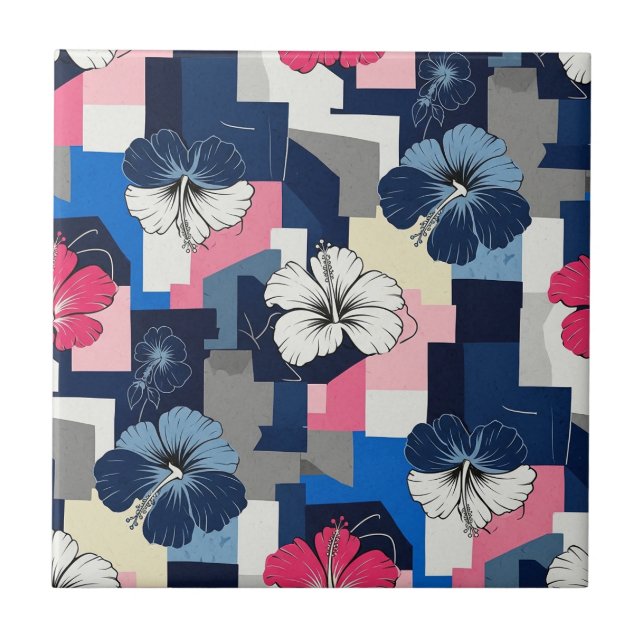 Elegant Blue Hibiscus Floral Pattern (7) Ceramic Tile (Front)