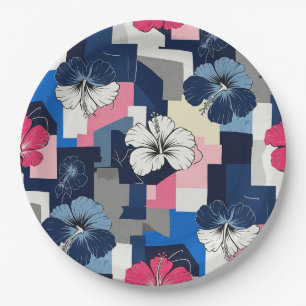 Elegant Blue Hibiscus Floral Pattern (7) Paper Plates