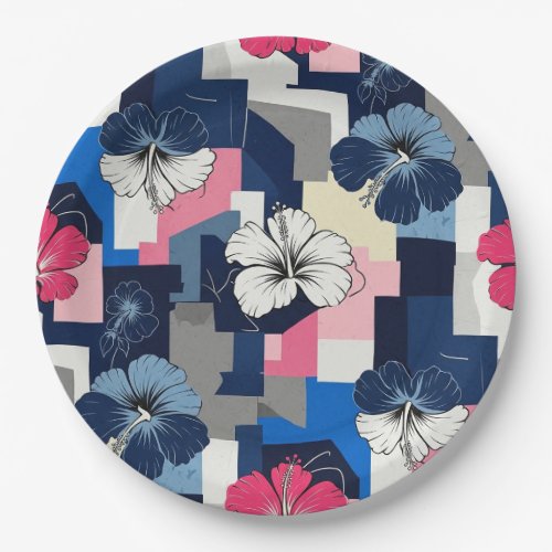 Elegant Blue Hibiscus Floral Pattern (7) Paper Plates
