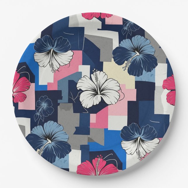 Elegant Blue Hibiscus Floral Pattern (7) Paper Plates (Front)