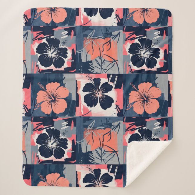 Elegant Blue Hibiscus Floral Pattern (7) Sherpa Blanket (Front)
