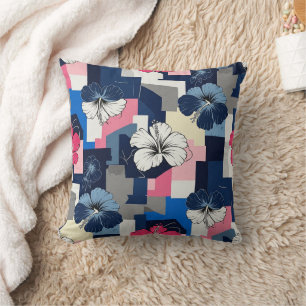 Elegant Blue Hibiscus Floral Pattern (7) Throw Pillow