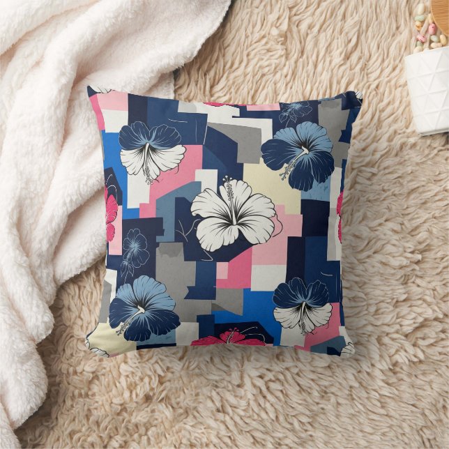 Elegant Blue Hibiscus Floral Pattern (7) Throw Pillow (Blanket)