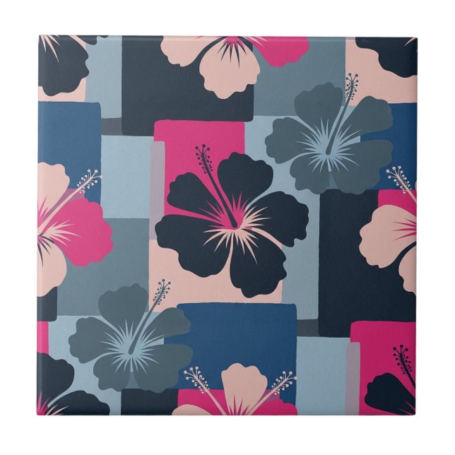 Elegant Blue Hibiscus Floral Pattern (8) Ceramic Tile (Front)